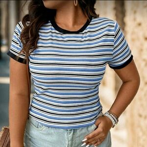 SHEIN Frenchy Plus Striped Print Contrast Binding Tee
